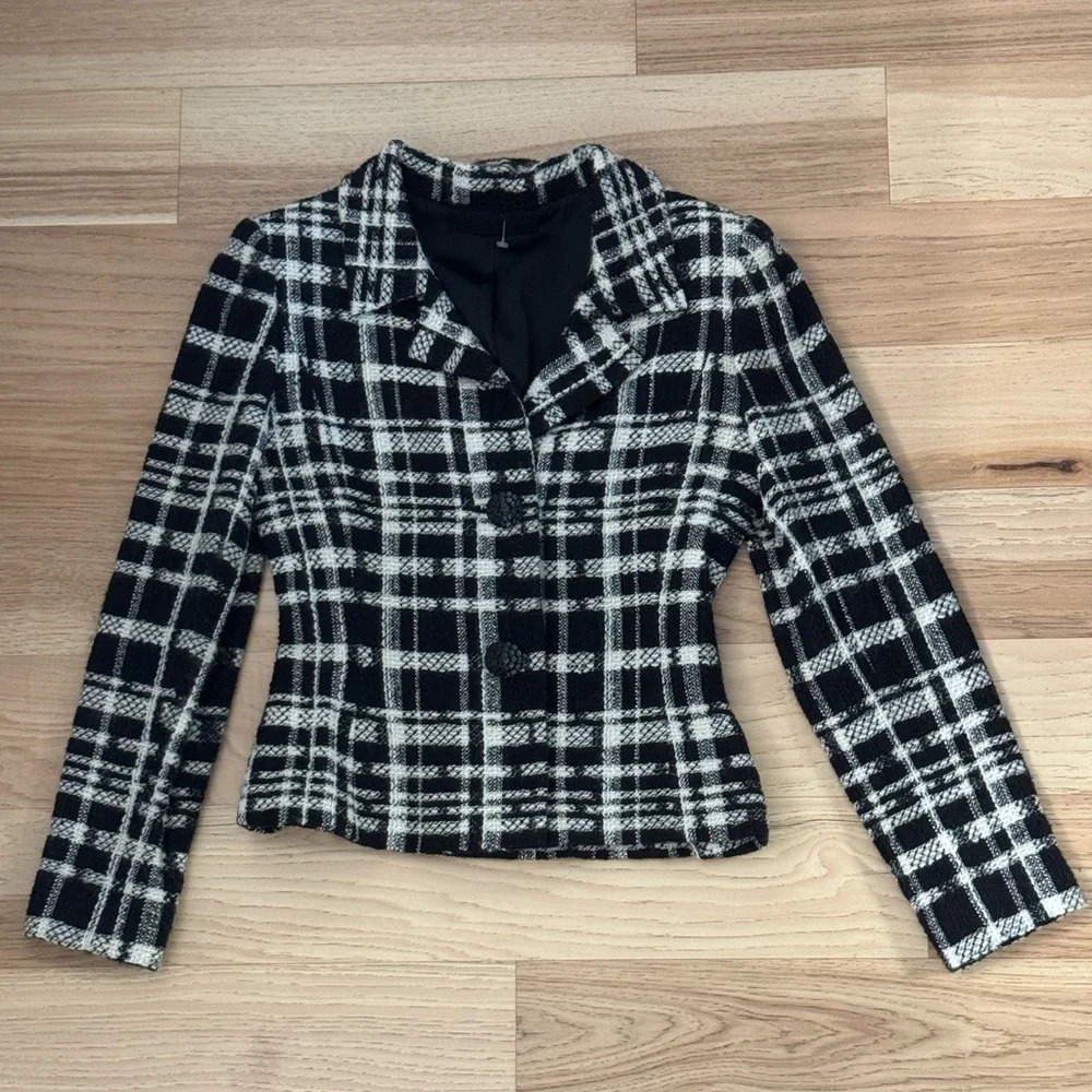 Peggy Jennings classic  shoulder pad tweed blazer black/ ivory color size Small